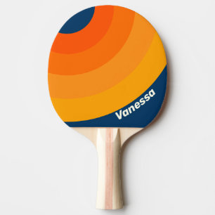 Raquete De Ping Pong Azul Vintage Círculo Listra com Nome
