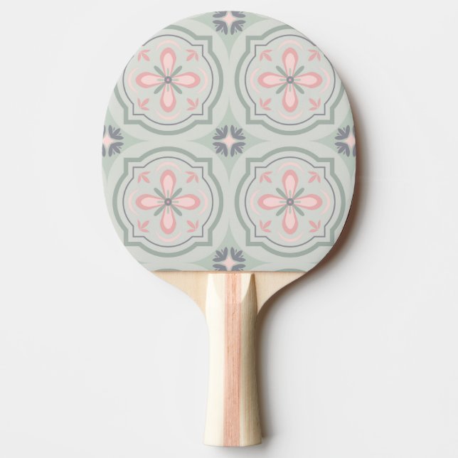 Raquete De Ping Pong Azulejos Florais Verde Pastel (Frente)