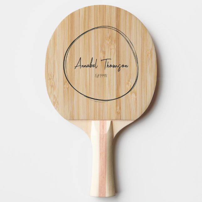 Raquete De Ping Pong Bambu Branco Nome no Círculo Desenhado (Frente)