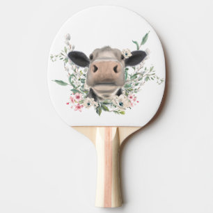 Raquete De Ping Pong beijo de nariz de vaca flores aquarela cinza anima