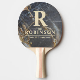 Raquete De Ping Pong Black Marble & Gold Stone Family Name & Initial