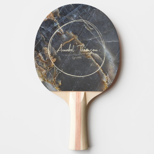 Raquete De Ping Pong Black Marble & Gold Stone Name in Drawn Circle  (Frente)