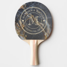 Raquete De Ping Pong Black Marble & Gold Stone Wedding Monogram