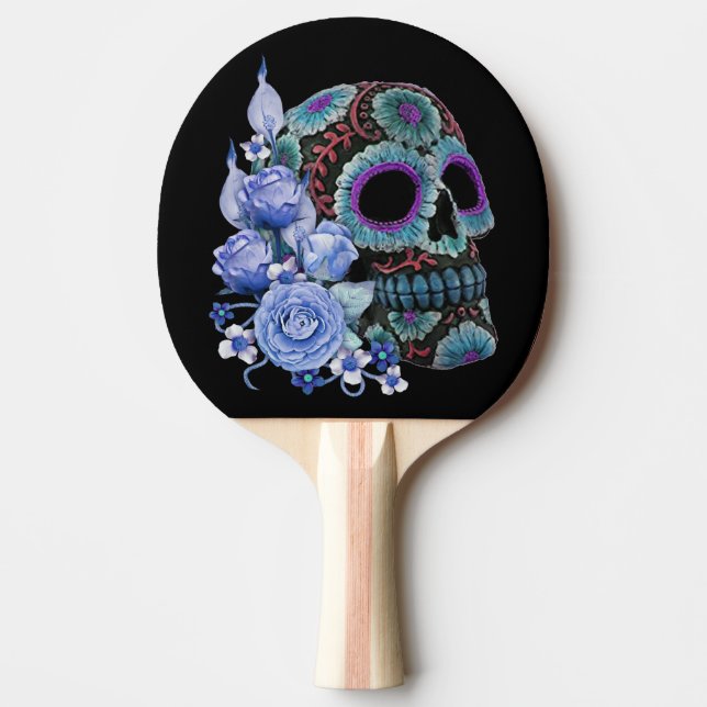 Raquete De Ping Pong Blue Floral Black Sugar Skull Day Of The Dead (Frente)