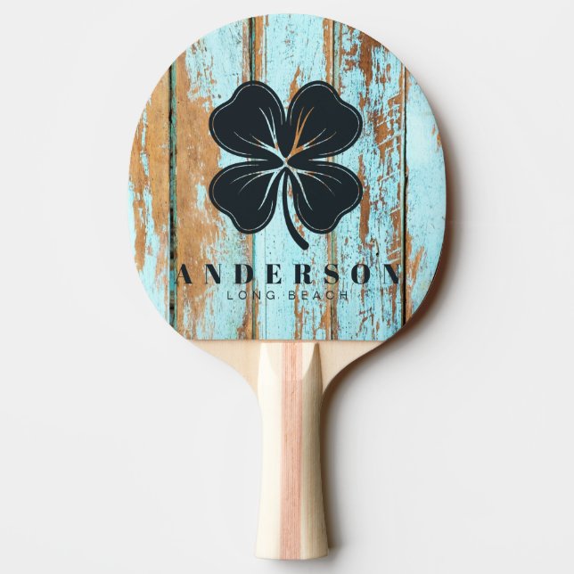 Raquete De Ping Pong Blue Wash Wood Four Leaf Clover with Name (Verso)