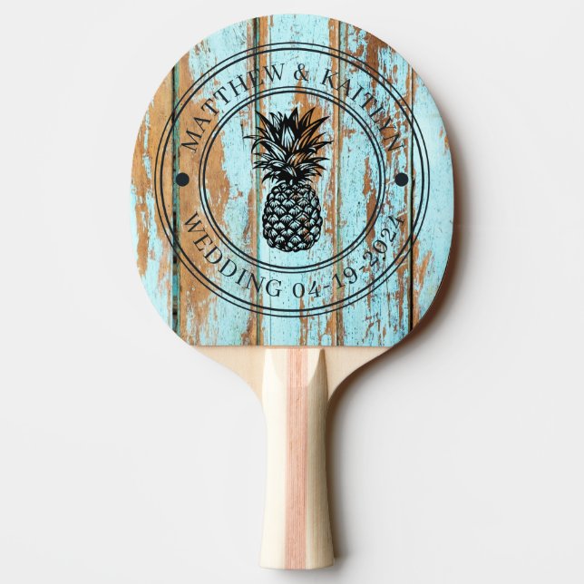 Raquete De Ping Pong Blue Wash Wood Pineapple Wedding Crest & Names (Verso)