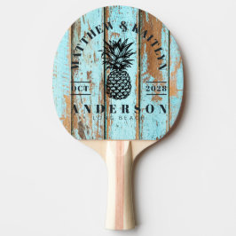 Raquete De Ping Pong Blue Wash Wood Tropical Pineapple Wedding Crest