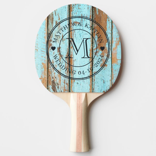 Raquete De Ping Pong Blue Wash Wood Wedding Monogram Heart (Frente)