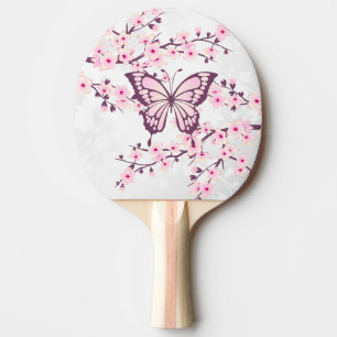 Raquete De Ping Pong Branco cor-de-rosa da borboleta e da flor de