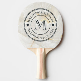 Raquete De Ping Pong Calacatta Gold Marble Stone Wedding Monogram Heart