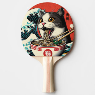 Raquete De Ping Pong Camiseta Estilo Vintage de Arte Japonês Cat Ramen