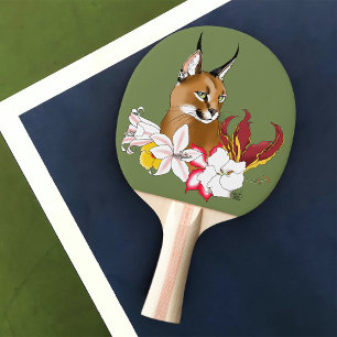 Raquete De Ping Pong Caracal Elegante Gato Selvagem Lírios Floral Verde