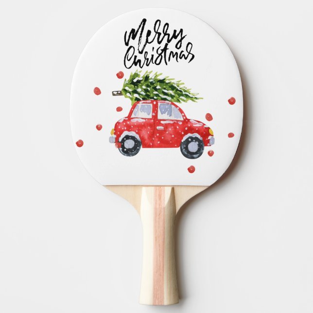 Raquete De Ping Pong Carro vermelho feliz de Natal com árvore de Natal (Frente)