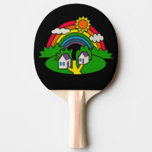 Raquete De Ping Pong Cartoon rural com arco-íris e casa de campo