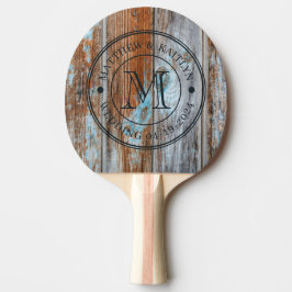 Raquete De Ping Pong Casamento de Madeira Lavagem Azul Gasta Monograma