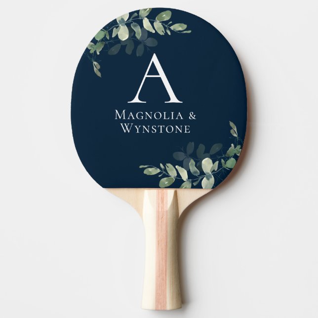 Raquete De Ping Pong Casamento marinho Azul Eucalyptus Monograma (Frente)