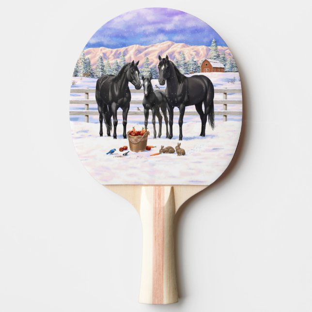 Raquete De Ping Pong Cavalos Do Quarto Negro Na Neve (Frente)