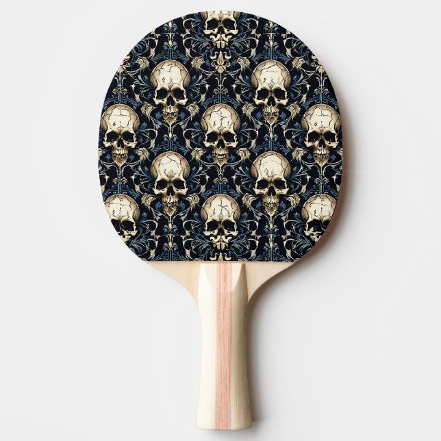 Raquete De Ping Pong Caveiras de gótico com Floral Azul (Frente)