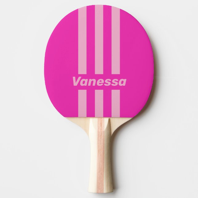 Raquete De Ping Pong Céu Rosa Retro com Três Listras e Nome (Frente)