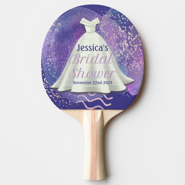 Raquete De Ping Pong Chá de panela Casamento Roxo e Rosa Dourado Glam (Frente)