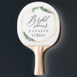 Raquete De Ping Pong chá de panela geométrico dourado<br><div class="desc">design ousado moderno com uma estrutura geométrica dourada com uma bela folhagem de folha de cor d'água. Esta elegante coleção rústica é uma adição de excelente a um casamento de outono ou primavera e apresenta todos os produtos necessários para o seu dia especial - guarde as datas, os convites, os...</div>