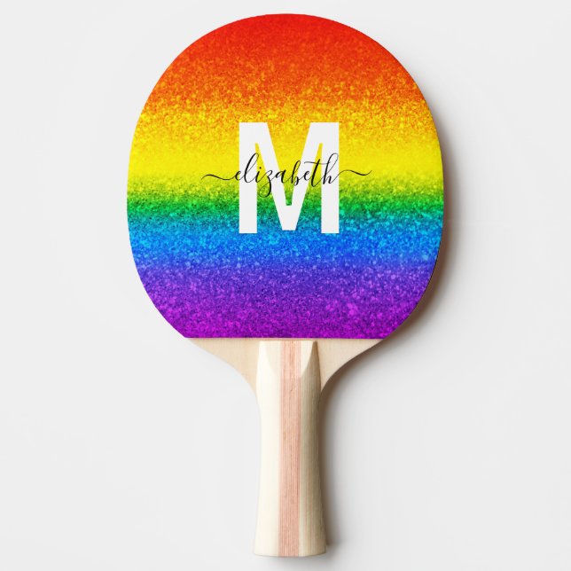 Raquete De Ping Pong Chic Rainbow Glitter Strike Monograma Nome (Frente)
