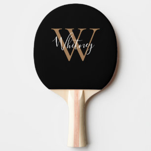 Raquete De Ping Pong Chique Elegante Preto Dourado Monograma Nome em Le