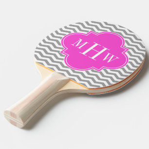 Raquete De Ping Pong Cinza Chevron Quatrefoil Rosa Quente 3 Monograma T