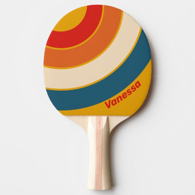 Raquete De Ping Pong Círculo de Mostarda Retro com Faixa e Nome (Frente)