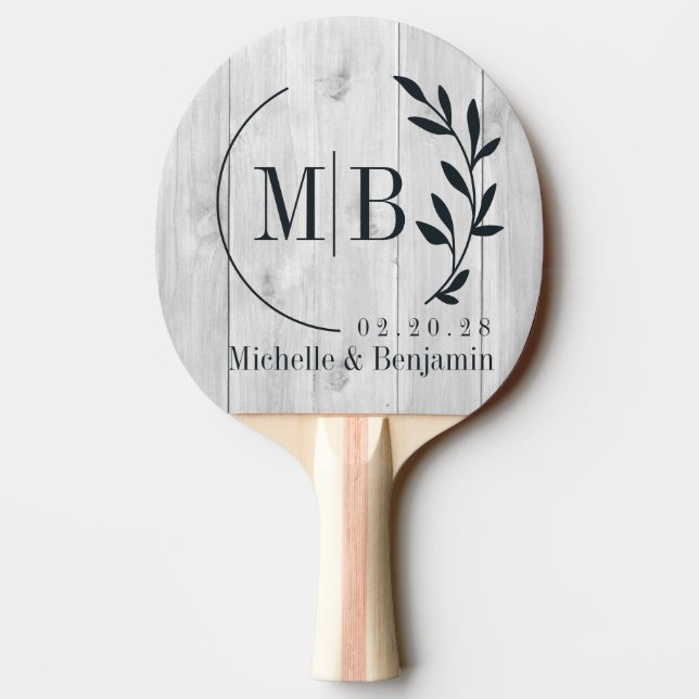 Raquete De Ping Pong Clean Light Gray Wooden Leaf Wedding Monogram (Verso)
