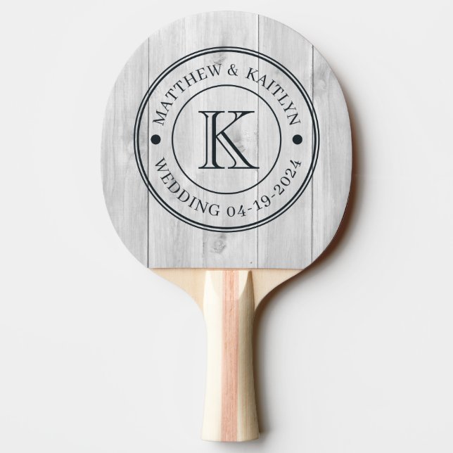 Raquete De Ping Pong Clean Light Gray Wooden  Wedding Monogram (Verso)