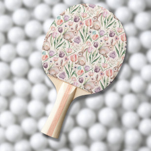 Raquete De Ping Pong Coelho Cinza Fofo com Tulipas Coloridas