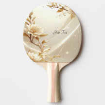 Raquete de Ping Pong com Flores Brancas e Douradas