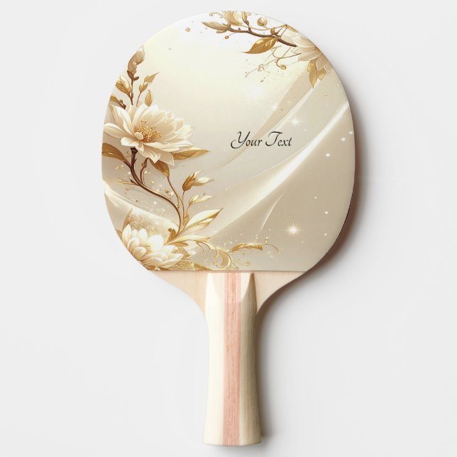 Raquete de Ping Pong com Flores Brancas e Douradas (Frente)