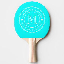 Raquete De Ping Pong Coração de Monograma de Casamento Ciano Retro Elét