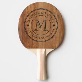 Raquete De Ping Pong Coração de Monograma de Casamento em Madeira de Bo