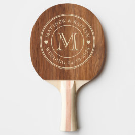 Raquete De Ping Pong Coração de Monograma de Casamento em Madeira de Ca