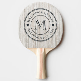 Raquete De Ping Pong Coração de Monograma de Casamento em Madeira Pinta