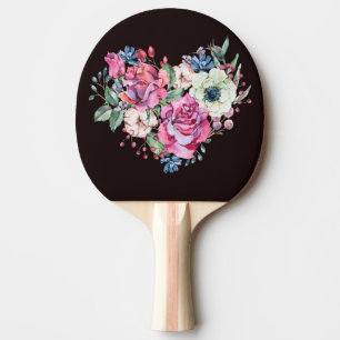Raquete De Ping Pong Coração floral de aquarelas: rosas de colheita.