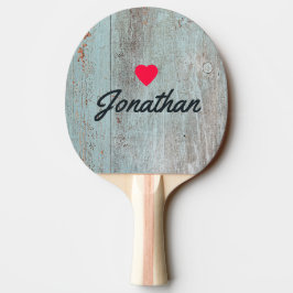 Raquete De Ping Pong Coração Vintage em Madeira Azul Pintada Assinatura