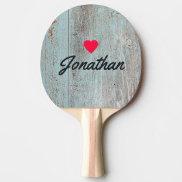 Raquete De Ping Pong Coração Vintage em Madeira Azul Pintada Assinatura