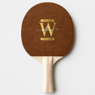 Raquete De Ping Pong Couro e monograma Dourado, falsos e antigos