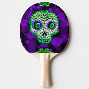 Raquete De Ping Pong Cráneo de Açúcar Verde e Roxo Caprichoso e Brilhan