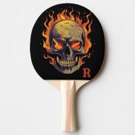 Raquete De Ping Pong Cráneo Gótico Escuro em Chamas Monograma Inicial
