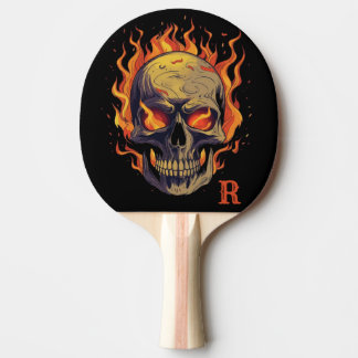 Raquete De Ping Pong Cráneo Gótico Escuro em Chamas Monograma Inicial