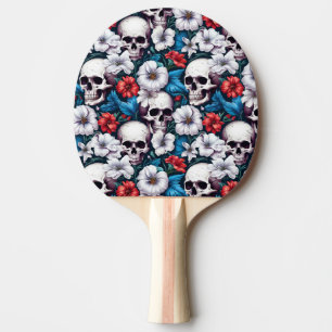 Raquete De Ping Pong Crânios com Flores Vermelhas e Brancas