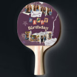 Raquete De Ping Pong Custom Purple Scrapbook Birthday Photo Collage<br><div class="desc">Make game time more personal and fun with this custom purple scrapbook-style birthday photo collage ping pong paddle. Featuring a creative torn-paper scrapbook aesthetic, playful stars, layered textures, and colorful cut-out letters spelling “Happy Birthday, ” this paddle turns a classic game accessory into a unique and memorable gift. The design...</div>