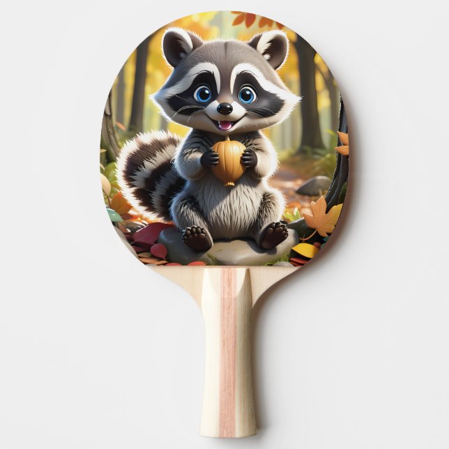 Raquete De Ping Pong Cute Kawaii style Racoon segurando uma bolota (Frente)
