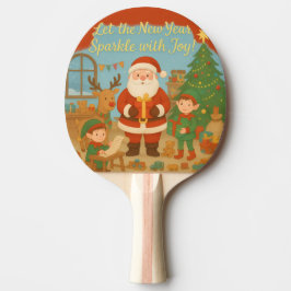Raquete De Ping Pong Cute Santa & Elves New Year Holiday Card