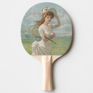 Raquete De Ping Pong Dama do Tênis Vitoriana com Chapéu Florido Antigo